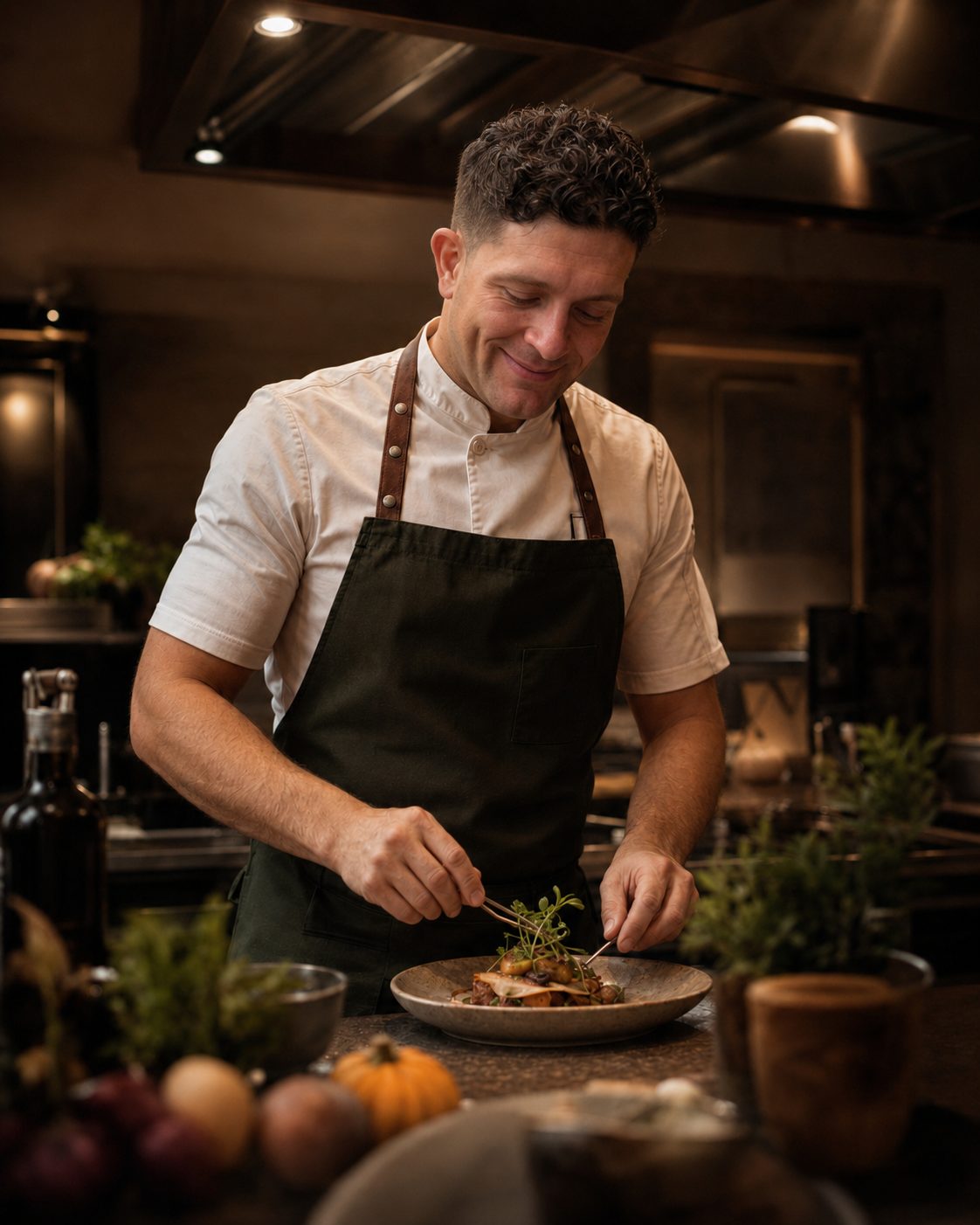 Chef Daniel Cote finishing a plate with fresh herbs
